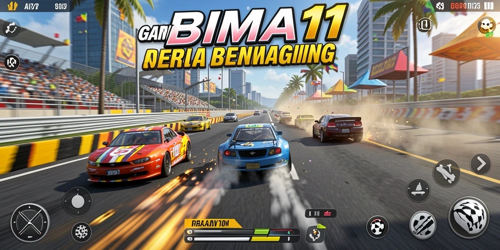 Tampilan gameplay BIMA11 dengan aksi balapan yang mendebarkan.
