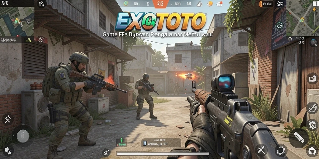 Tampilan gameplay seru dan intens dalam EXOTOTO yang menunjukkan pertempuran FPS.