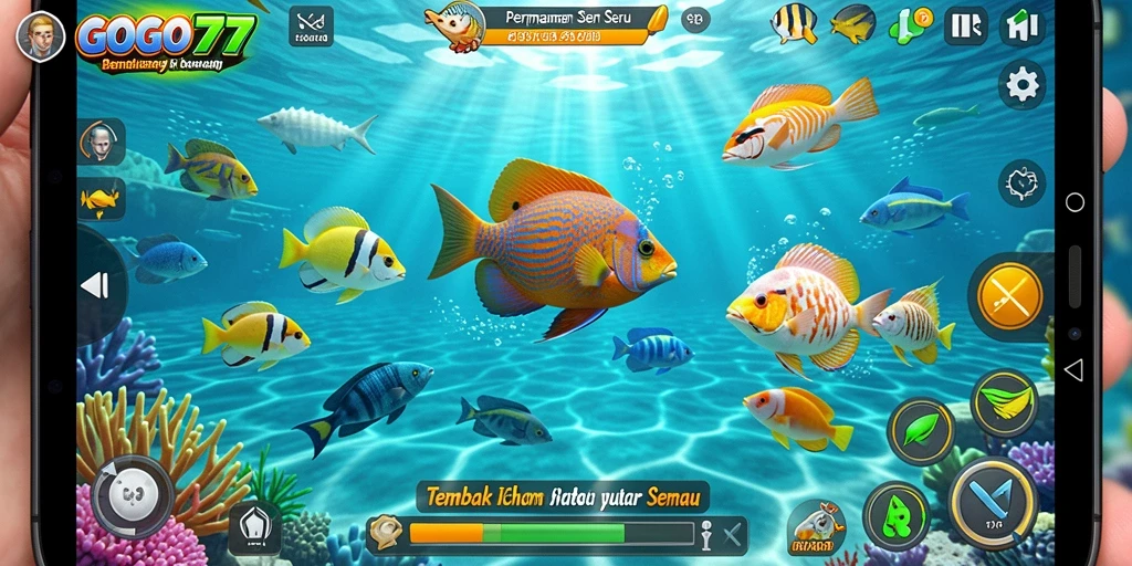 Screenshot gameplay GOGO77 yang menampilkan aksi tembak ikan seru.