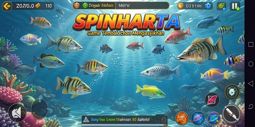 Tampilan gameplay seru di SPINHARTA dengan ikan beraneka ragam.
